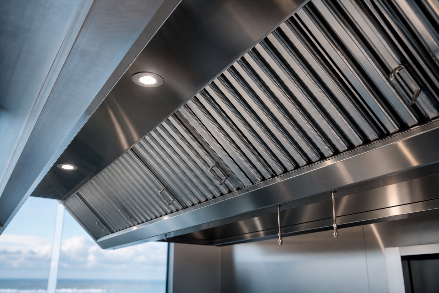 Commercial kitchen canopy and grease filters in a hospitality kitchen